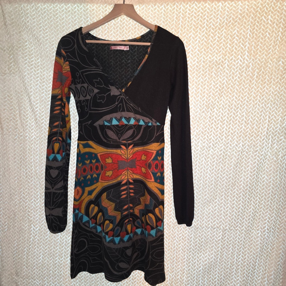 Pura Vida Womens Small Long Sleeve Knit Wrap Dress Multicolor‎ Abstract